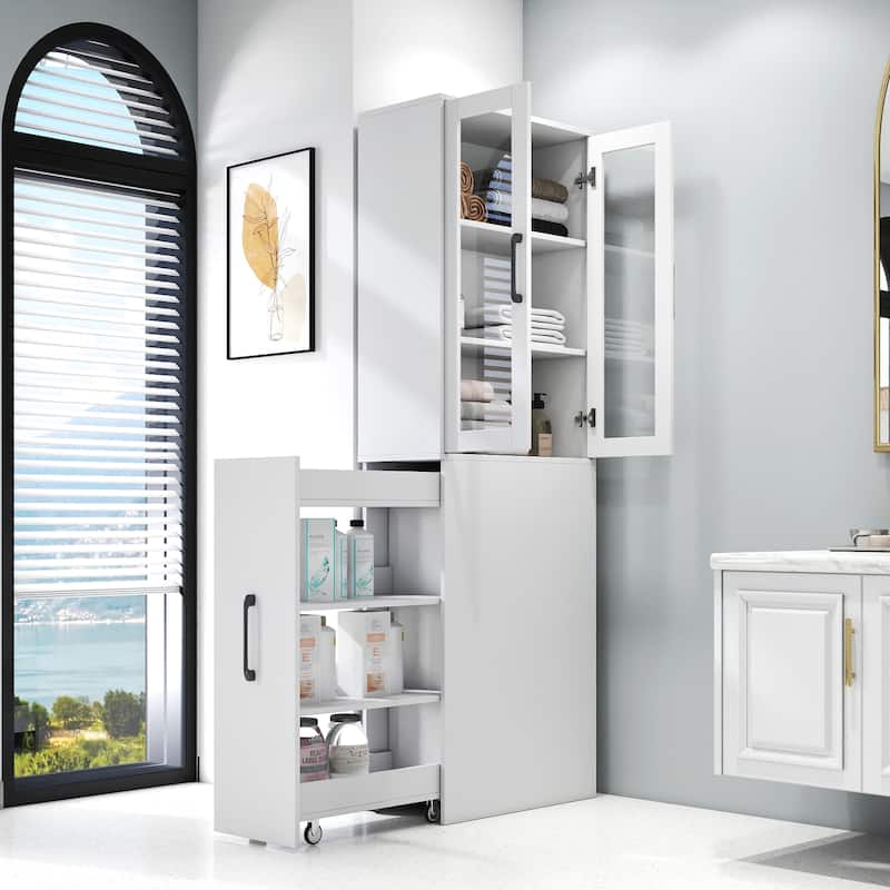 GDFStudio - Harry 70.87" Freestanding Multi-Function Pantry Cabinet with Pull-Out Shelves, Drawers & Microwave Stand