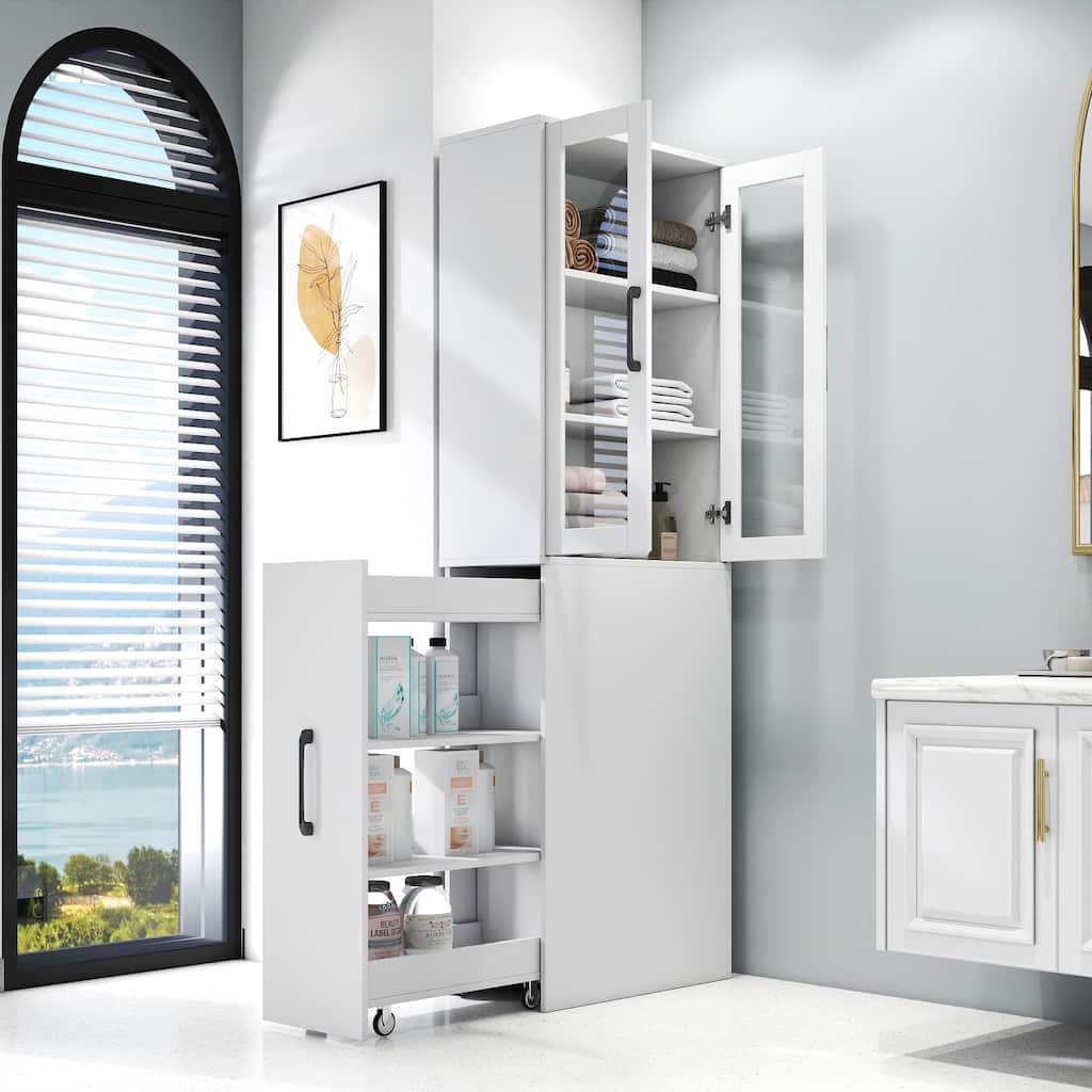 Roomfitters 70.87" Display Storage Cabinet with 2 Glass Doors and 4-Tier Pull-Out Shelves, Modern Wooden Kitchen Pantry Cabinet