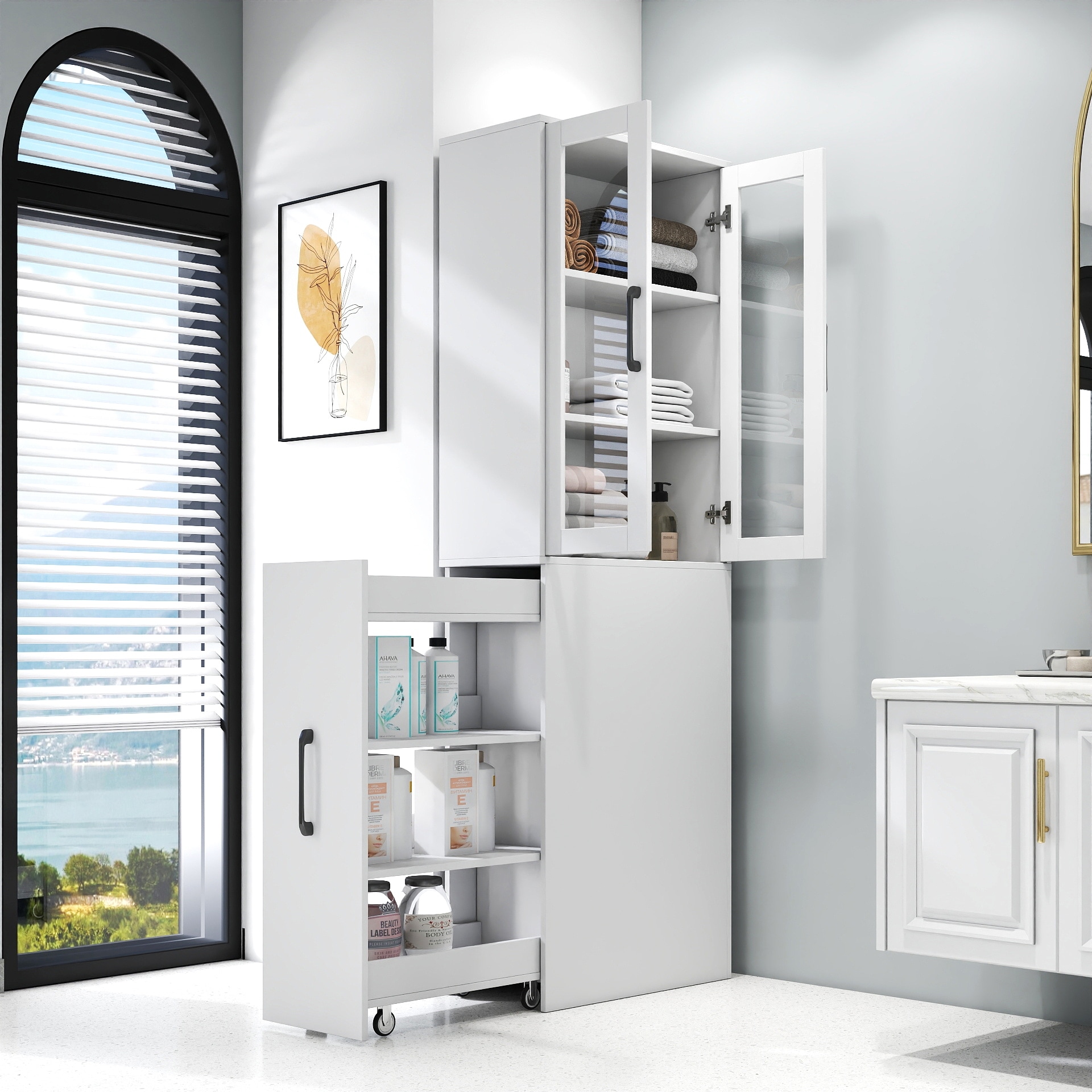 Roomfitters 70.87" Display Storage Cabinet with 2 Glass Doors and 4-Tier Pull-Out Shelves, Modern Wooden Kitchen Pantry Cabinet