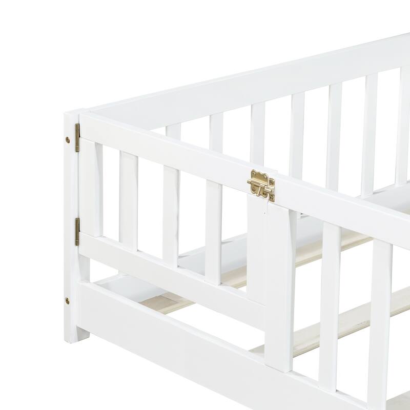 Roomfitters Twin/Full/Queen Rubber Wood Floor Bed with Fence and Swing Door, Safety Guardrails, Low Profile Design