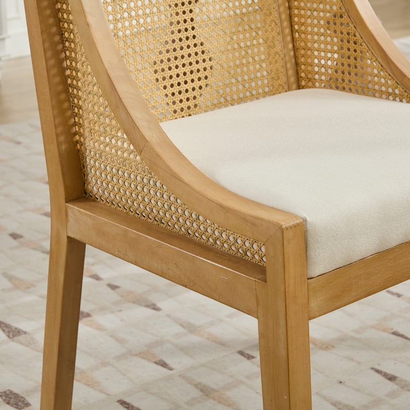 Rattan Dining Chairs, Solid Wood Frame with Decorative Armrests, Linen Upholstered Seat, Wooden Style Side Chairs,Single Pack