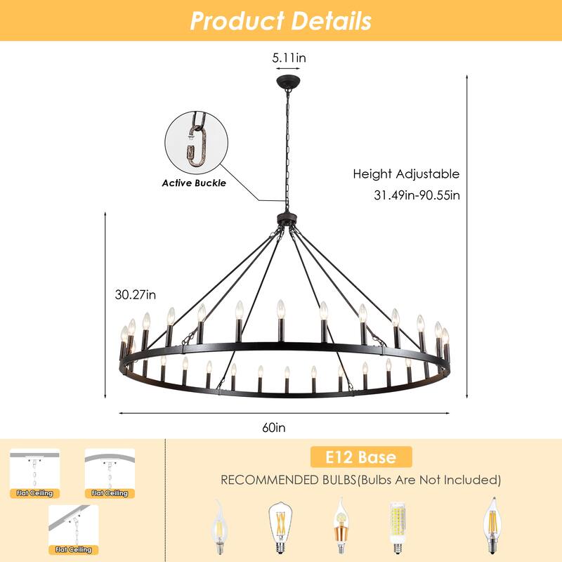 Vyolette 60 in. 30-Light Extra Large Farmhouse Round Wagon Wheel Chandelier, Classic Dining Room Living Room Chandelier
