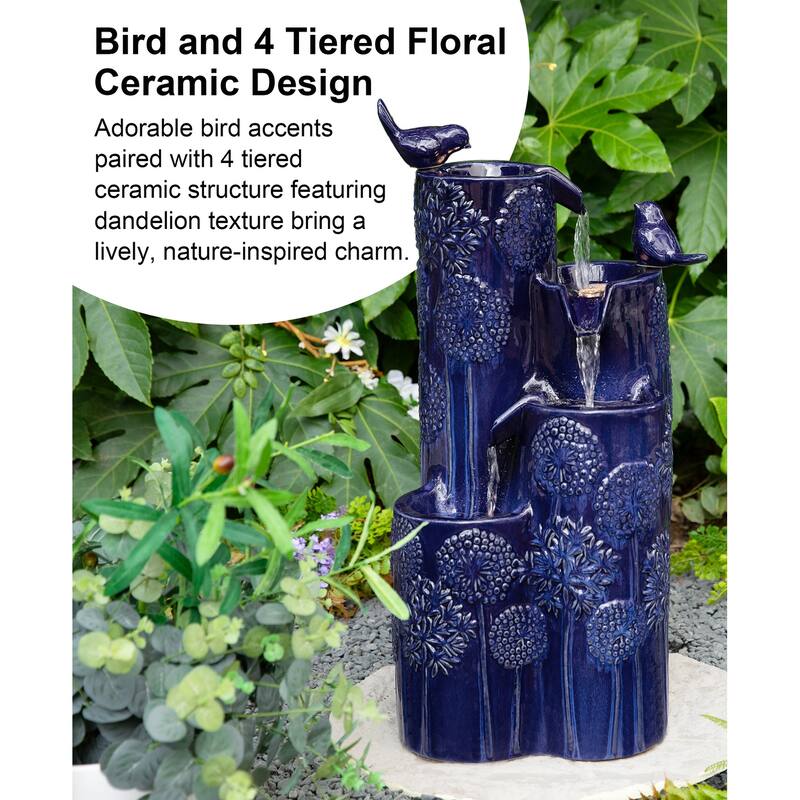 Glitzhome 27" H 4-Tier LED Ceramic Outdoor Floor Fountain with Birds, Cobalt Blue Turquoise Dandelion Texture Vase-Shaped