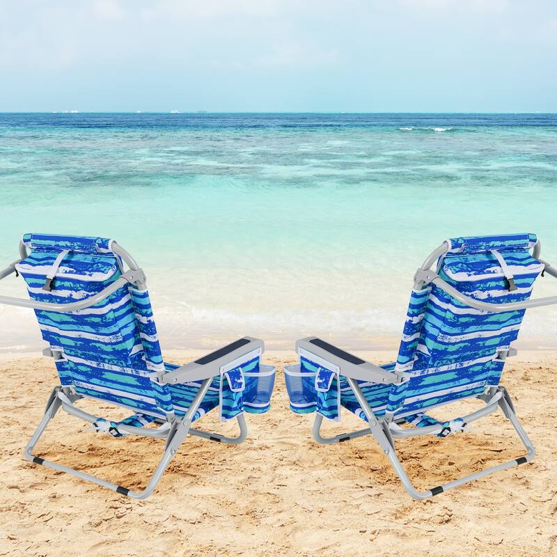 Oxford Fabric Folding Beach Chair with Adjustable Backrest, Headrest and Storage - 26" L x 25.5" W x 31" H