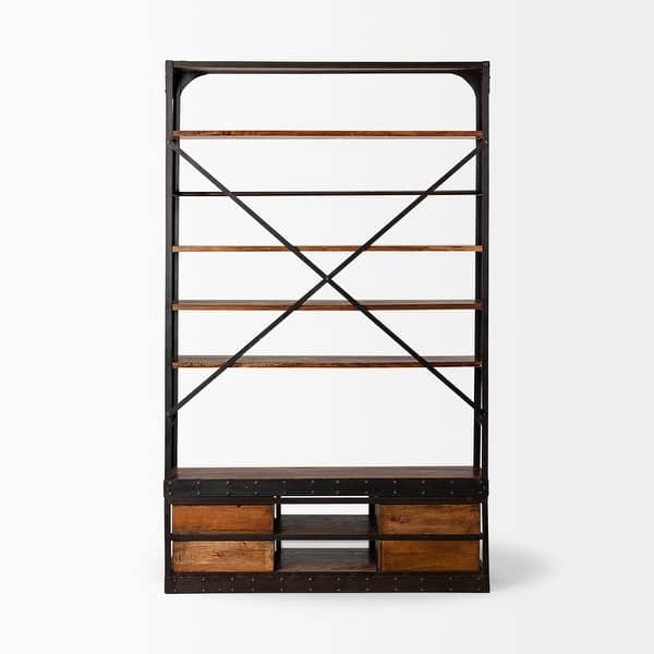 Medium Brown Wood Shelving Unit With Copper Ladder And 4 Shelves