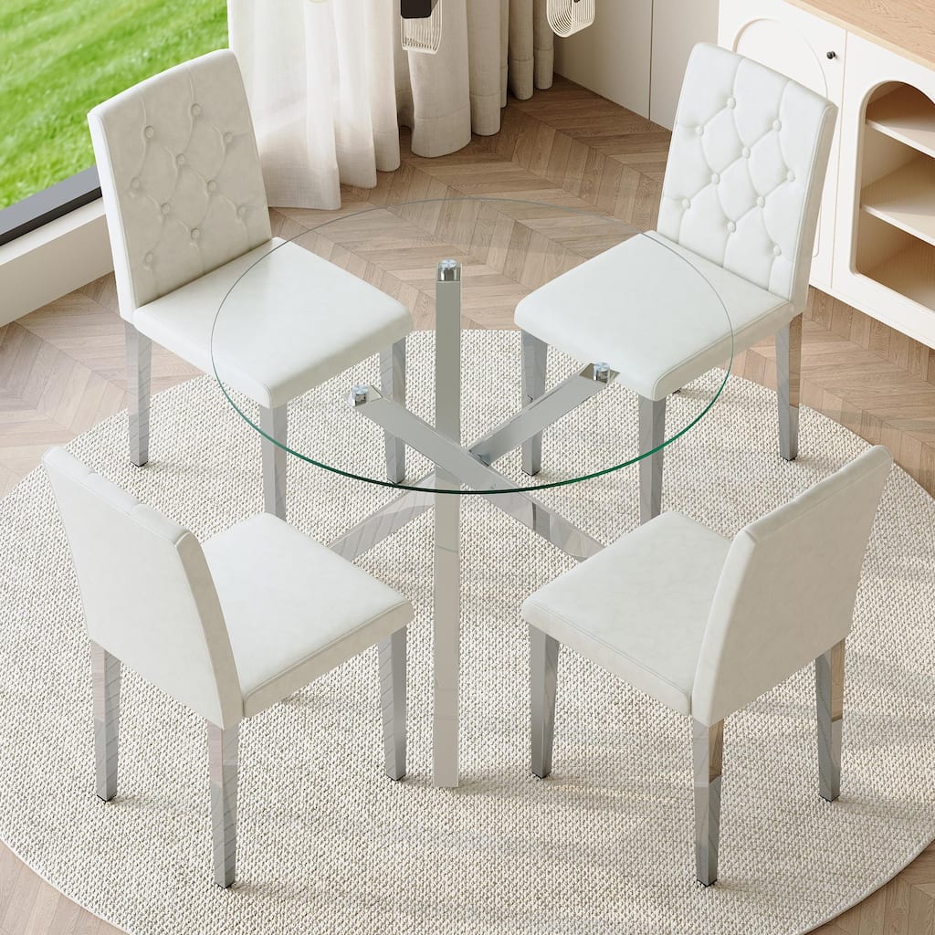 5 Piece Dining Table Set with 39 Inch Round Glass Top X-Shaped Metal Base and 4 PU Chairs
