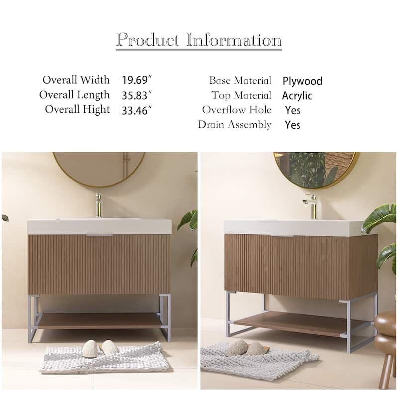 Freestanding Bathroom Vanity in Brown Oak with White Integrated Solid Surface Sink