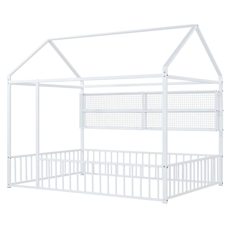 Full Size Metal House Bed Frame with Built-In Grid Shelves, Playful Canopy Design and Space-Saving Storage