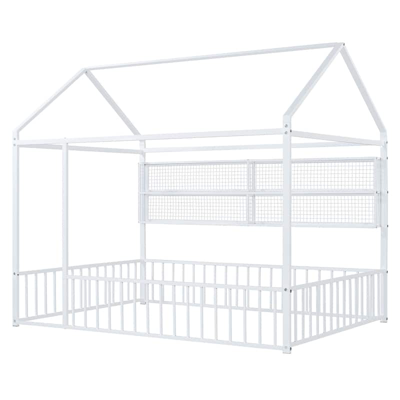 Full Size Metal House Platform Bed Frame with Storage Shelves,Fence and Shelves