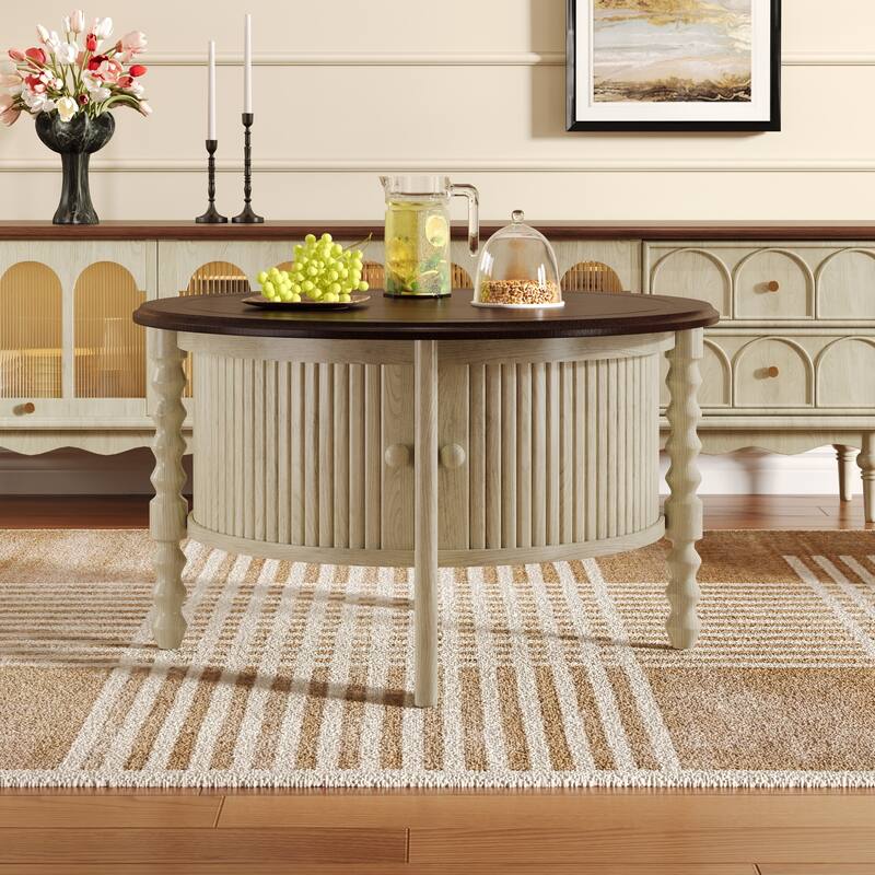 Vintage Round Coffee Table - 30.3" Mid-Century Modern, Sliding Door & Slatted Design