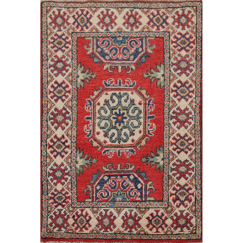 Hand Knotted Oriental 100% Wool Carpet Traditional Geometric Red Kazak Area Rug - 3' 1'' X 2' 1''