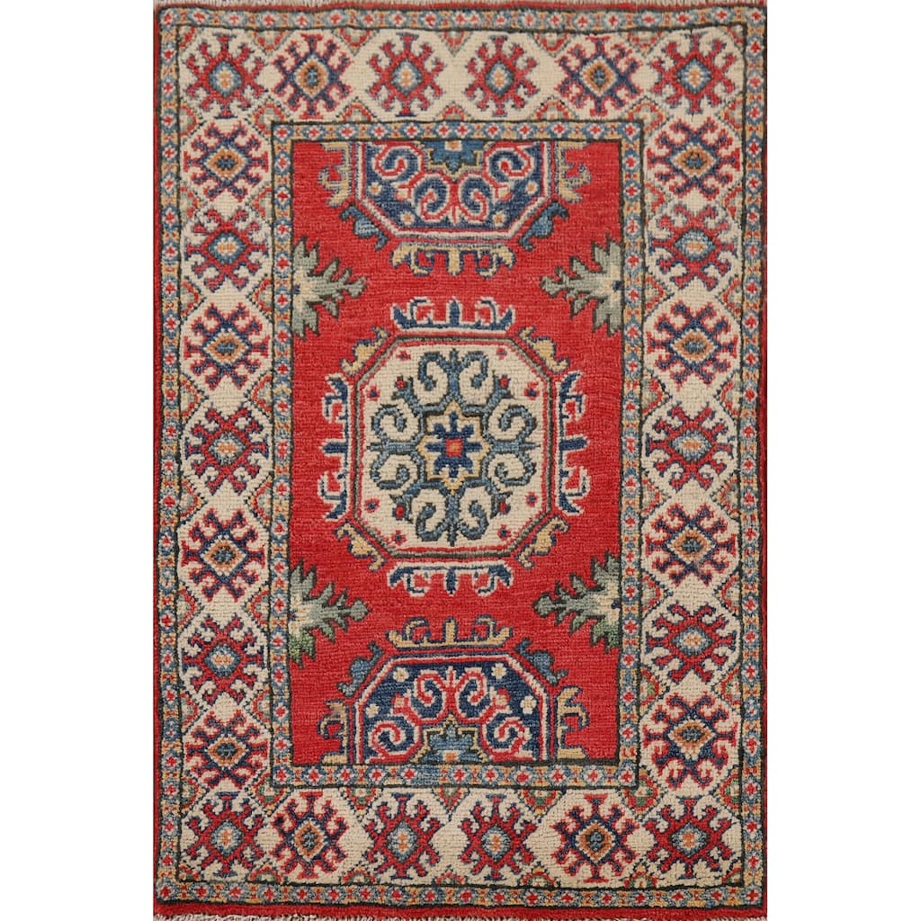 Hand Knotted Oriental 100% Wool Carpet Traditional Geometric Red Kazak Area Rug - 3' 1'' X 2' 1''