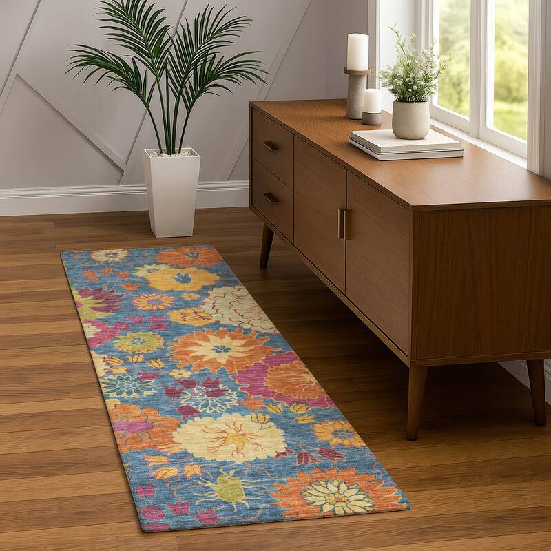 Machine Washable Indoor/ Outdoor Modern Floral Chantille Rug