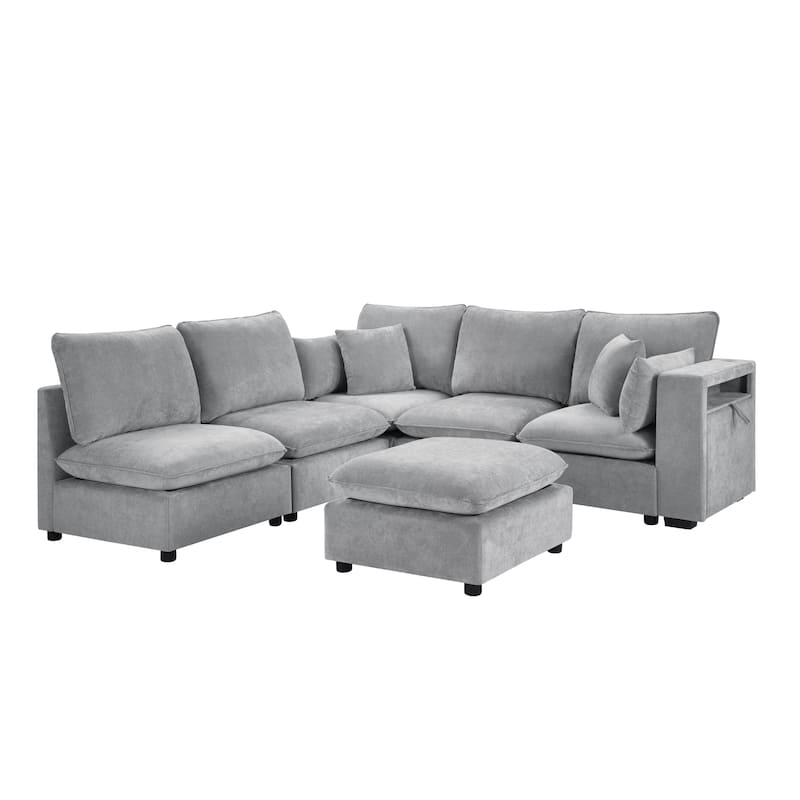 Smooth Chenille Sectional Sofa U-Shaped Modular Sofa Bed L-Shaped Couch with Movable Ottoman, Storage Armrests and USB Ports