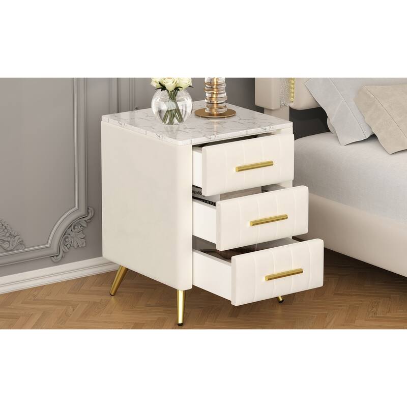 Upholstered Wooden 3-Drawer Nightstand - Metal Legs/Handles + Marbling Sticker Top Bedside Table (Beige)
