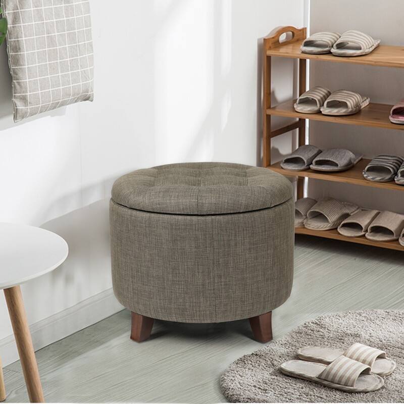 Adeco Round Linen Storage Ottoman Tufted Fabric Footstool with Lid