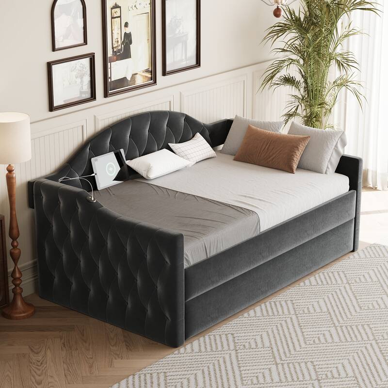Velvet Tufted Upholstered Daybed with Trundle,USB & Type-C Charging Ports