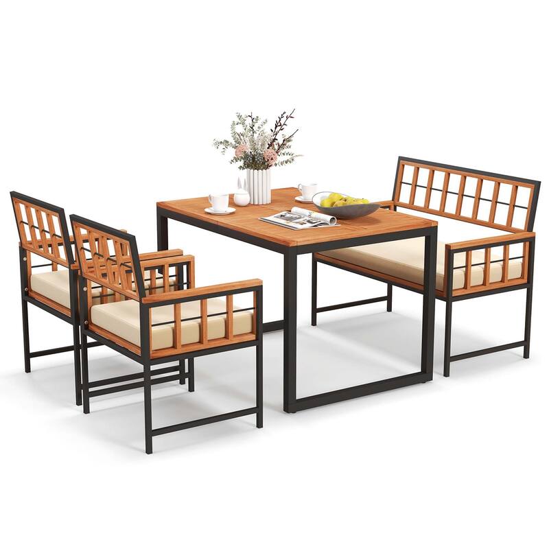 4 PCS Wood Patio Dining Set Outdoor Table and Chairs w/Cushions - Beige