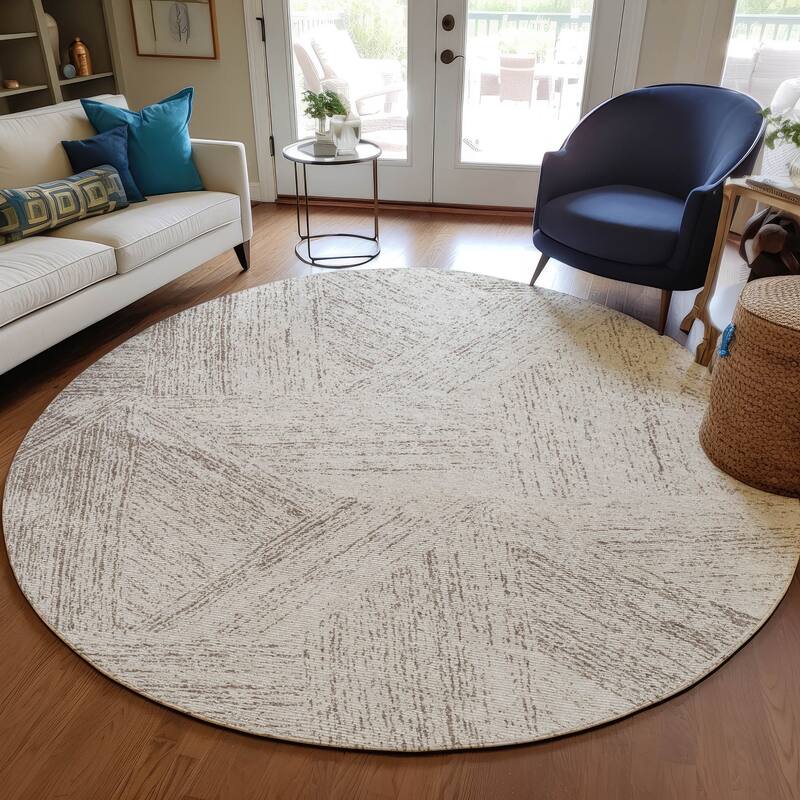 Machine Washable Indoor/ Outdoor Solid Geo Chantille Rug - Beige - 8' x 8'