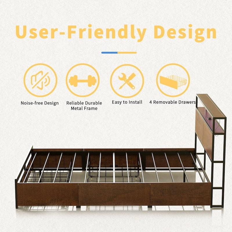 Platform Bed with Storage Headboard Drawers LED Lights and Built-In USB and AC Outlets Warm Wood Grain Full Size