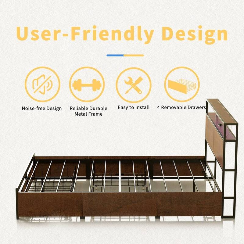 Modern Platform Bed Frame with LED Lights Storage Headboard Drawers USB and AC Outlets Wood Grain Finish