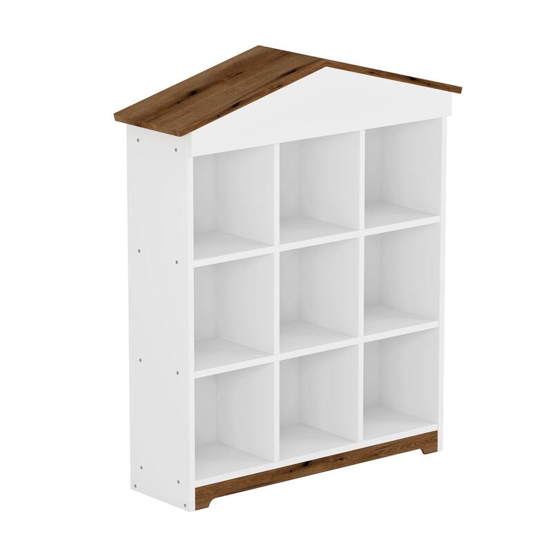 House shaped Storage Rack with Nine Storage Compartments,Three layer Bookshelf with Colorblock Design