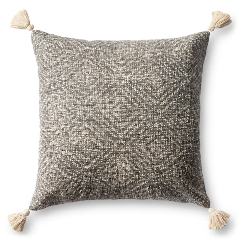Alexander Home Distressed Tribal Diamond Tassel Pillow - 22" x 22" Cover w/Down - Charcoal