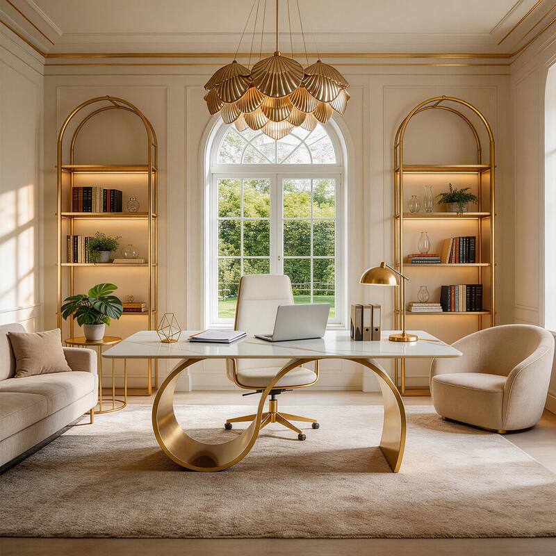 Luxury 78.7" Sintered Stone Office Executive Desk with Stainless Steel Base