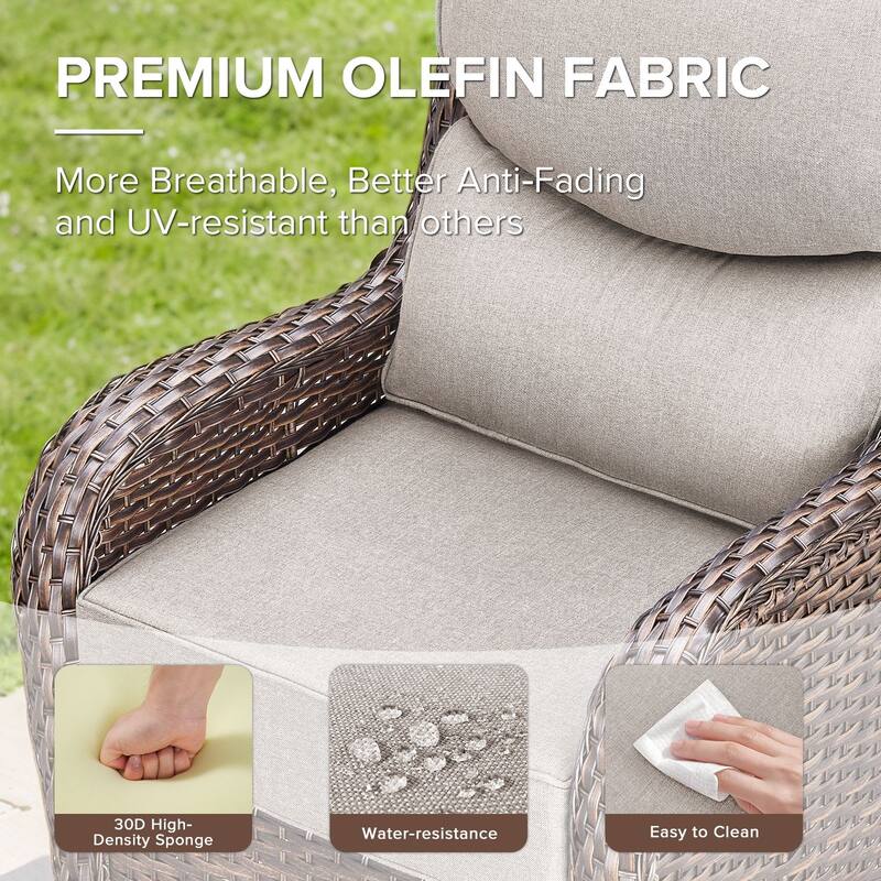 Gymojoy 9-Piece Wicker Patio Furniture Sofa Set with Fire Pit Table, 6-Inch Thick Cushion Swivel Glider Chairs & Ottomans