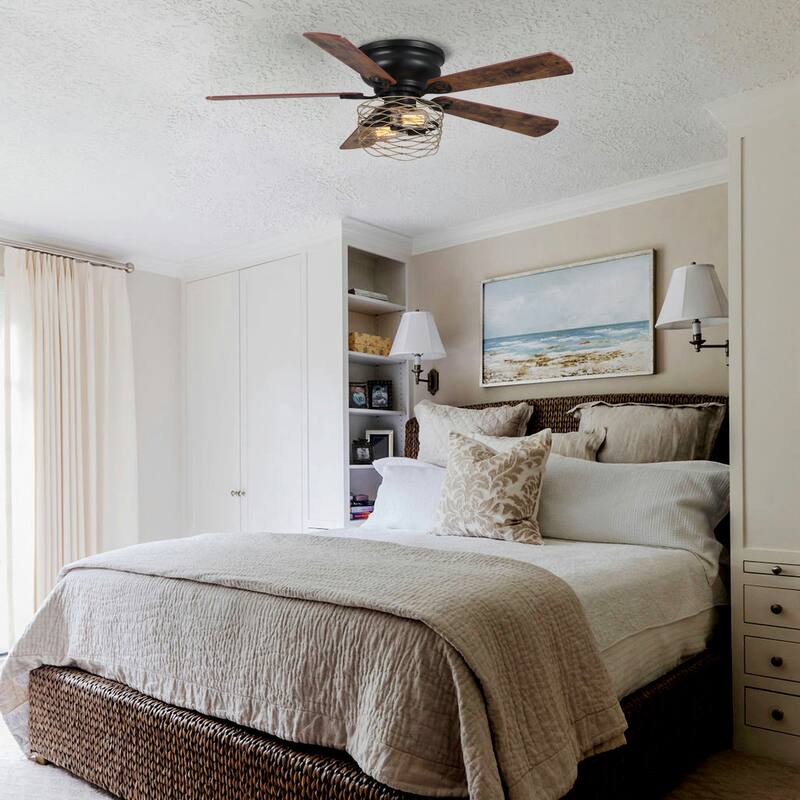 48" Industrial Wood 5-Blade Flush Mount Ceiling Fan with Remote