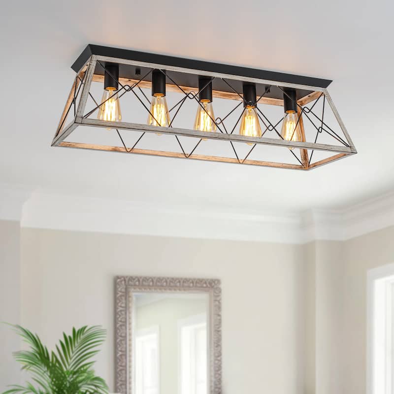 Starsky 5-Light Linear Farmhouse Rectangular Open Cage Flush Mount - Rustic Oak White