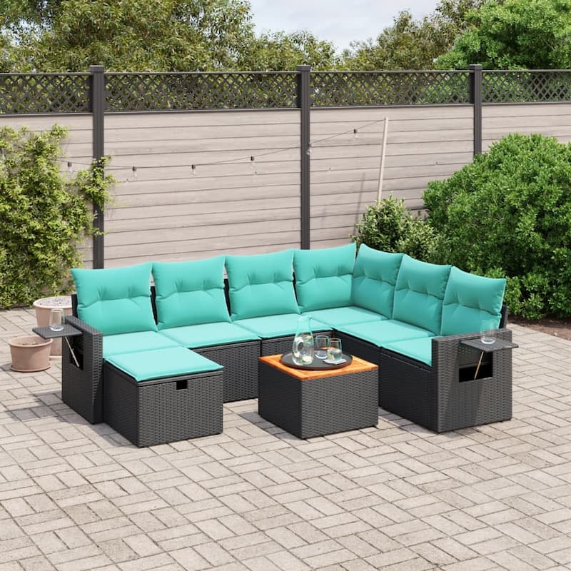 vidaXL Patio Sofa Set with Cushions Outdoor Furniture 8 Piece Poly Rattan - 24.4" x 24.4" x 27.2" - Black and blue3xmiddle+3xcorner+footrest+table