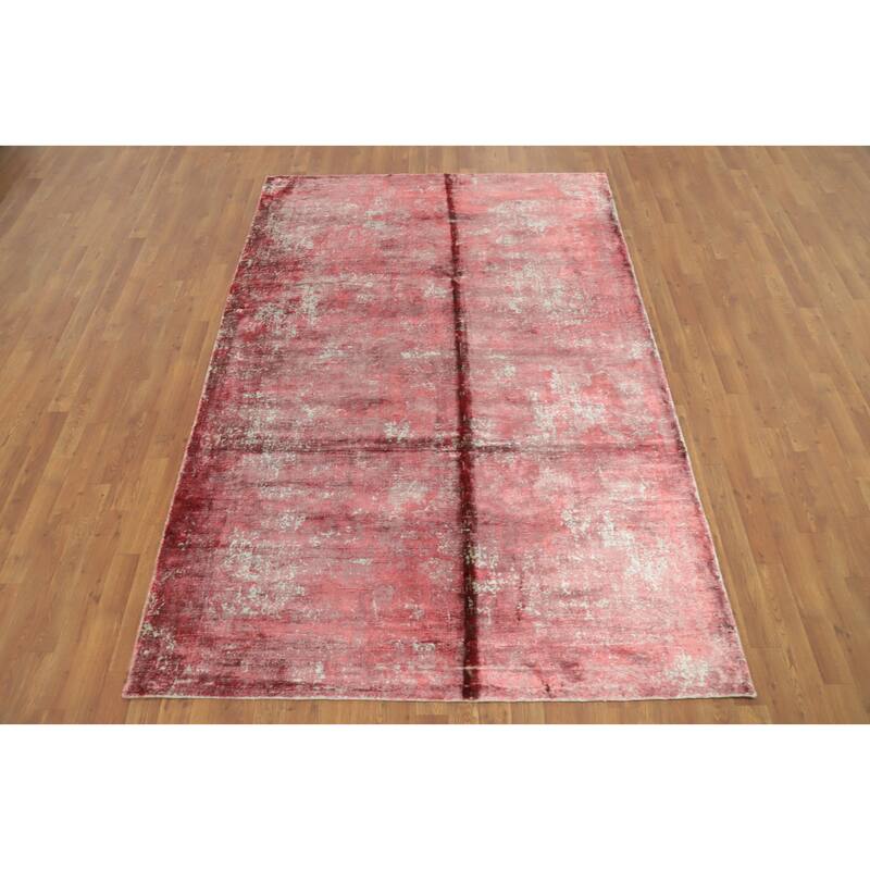 Hand Knotted Oriental Viscose Silk Carpet Modern Abstract Pink Abstract Area Rug - 8' 0'' X 5' 5''