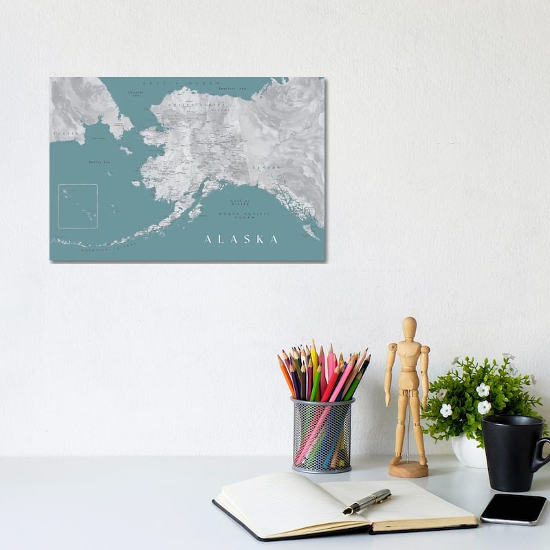 iCanvas "Gray And Teal Watercolor Detailed Map Of Alaska" by blursbyai Canvas Print - 8x12x0.75
