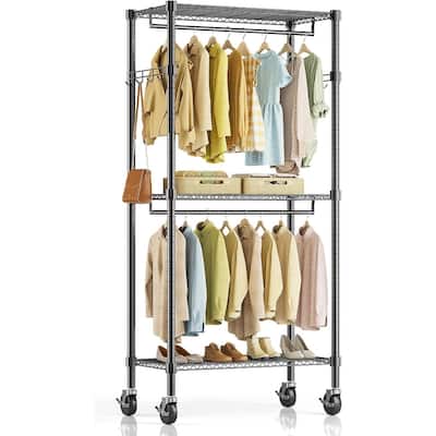 Rolling Heavy Duty Clothing Rack, 3-Shelf Portable Adjustable Wardrobe Closet with Wheels, Hanging Rods & Side Hooks