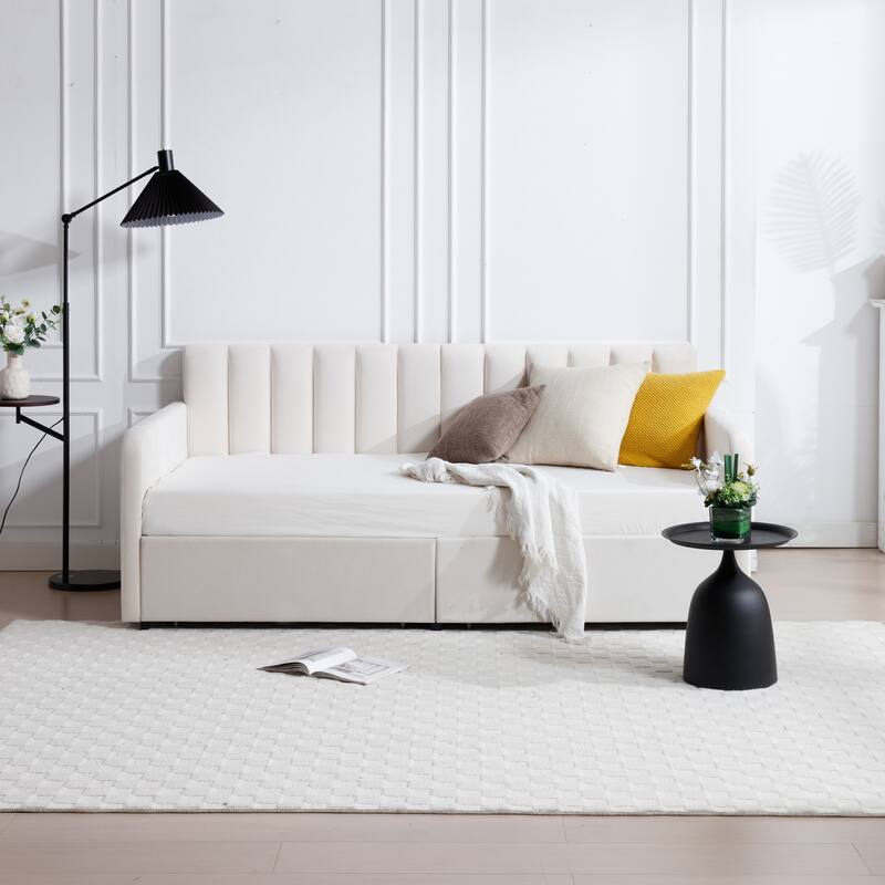 Velvet Upholstered Twin Daybed with Tufted Backrest and 2 Drawers for Master Bedrooms, Guest Rooms, Modern Design - Ivory - Twin