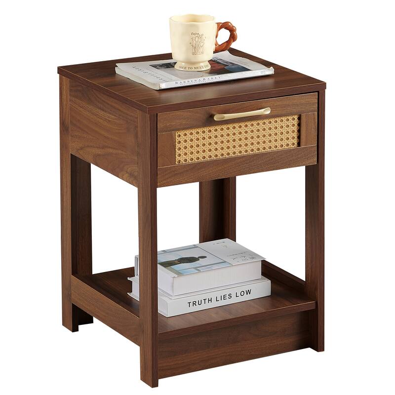 Modern Rattan Nightstand Small Side Table with Drawer for Bedroom or Living Room