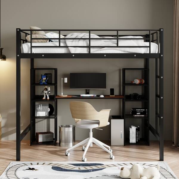 slide 2 of 22, Full Size Metal Loft Bed with Built-in Desk, Guardrails and 2 Bookshelves Black