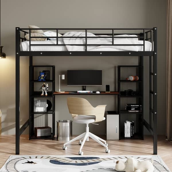 slide 2 of 14, Multifunctional and Space-saving Design Wood Loft Bed with Built-in Desk and Shelves, Full Size, Black Black