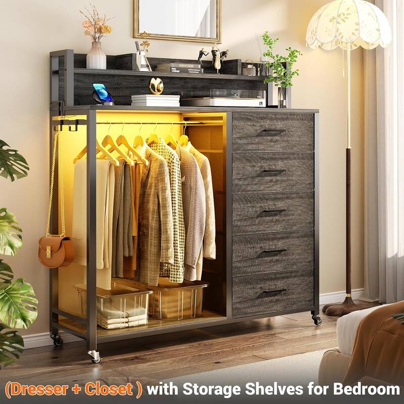 5 Drawers Dresser with Charging Station & LED Lights, Chest of Drawers with Hanging Rod ＆ Lockable Wheels ＆ Storage Shelves - Black Oak