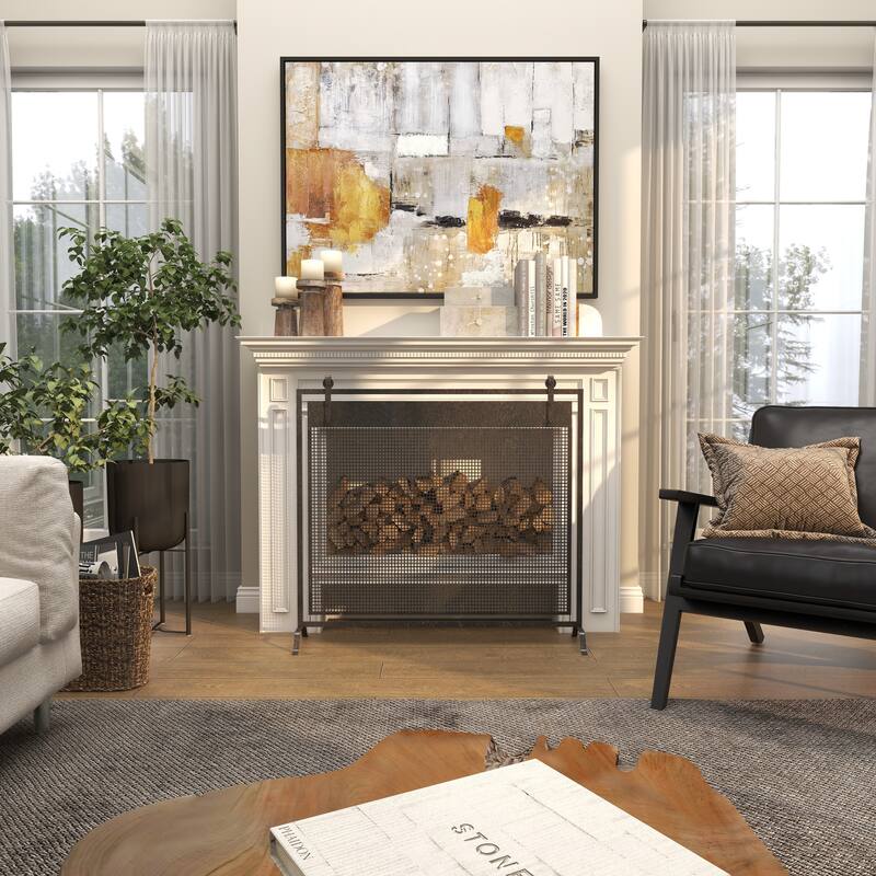 Black Metal Suspended Grid Single Panel Geometric Fireplace Screen with Bolted Detailing