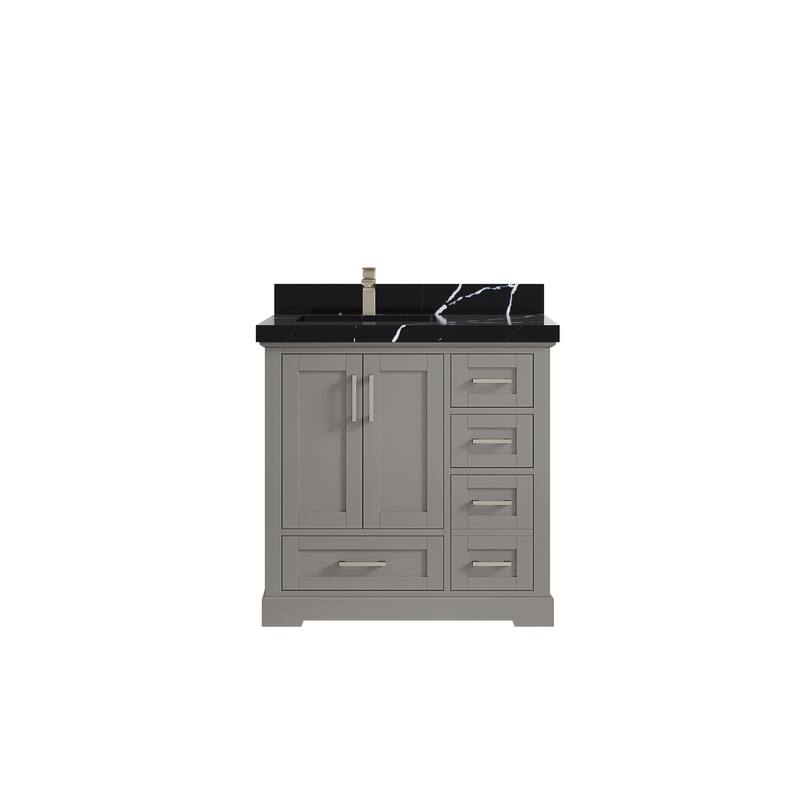 Willow Collections 36 x 22 Boston Left Offset Sink Bathroom Vanity with Quartz or Marble Countertop - 2"Calacatta Black - Elephant Skin Gray