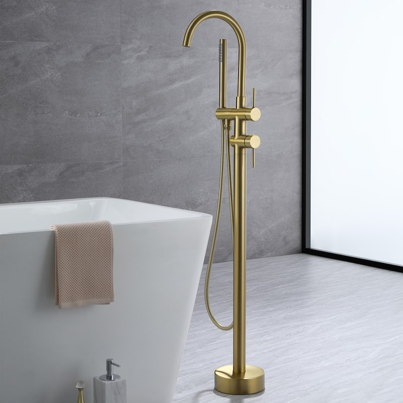 45''H White / Gold Freestanding Bathtub Faucet with Handheld Sprayer