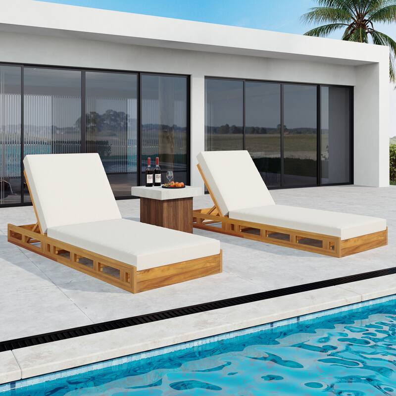 Roomfitters Outdoor Acacia Wood Chaise Lounge with 4 Inch Thick Water-Resistant Cushions Teak Finish
