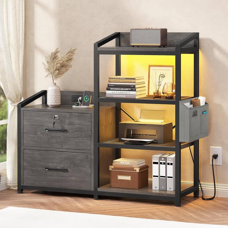 2 Drawer File Cabinet Filing Cabinet Letter Legal Power Strip LED Lights Lock Open Shelf - Grey