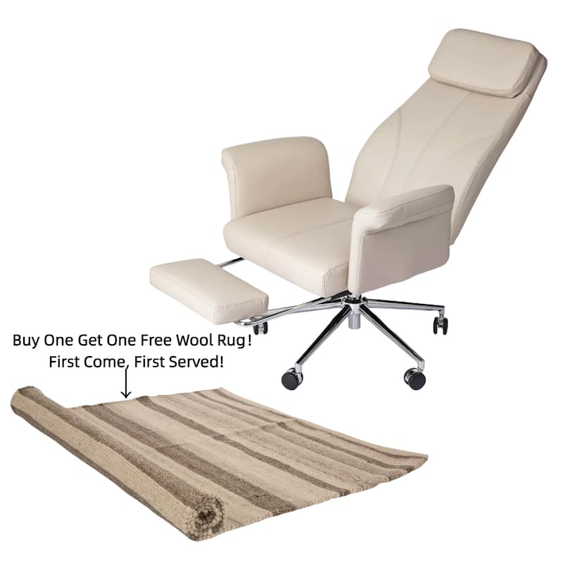 Glitzhome 49"H Modern Adjustable Swivel High Back Ergonomic Office Chair with Armrest and Extendable Footrest - lvory with a 5ft Rug