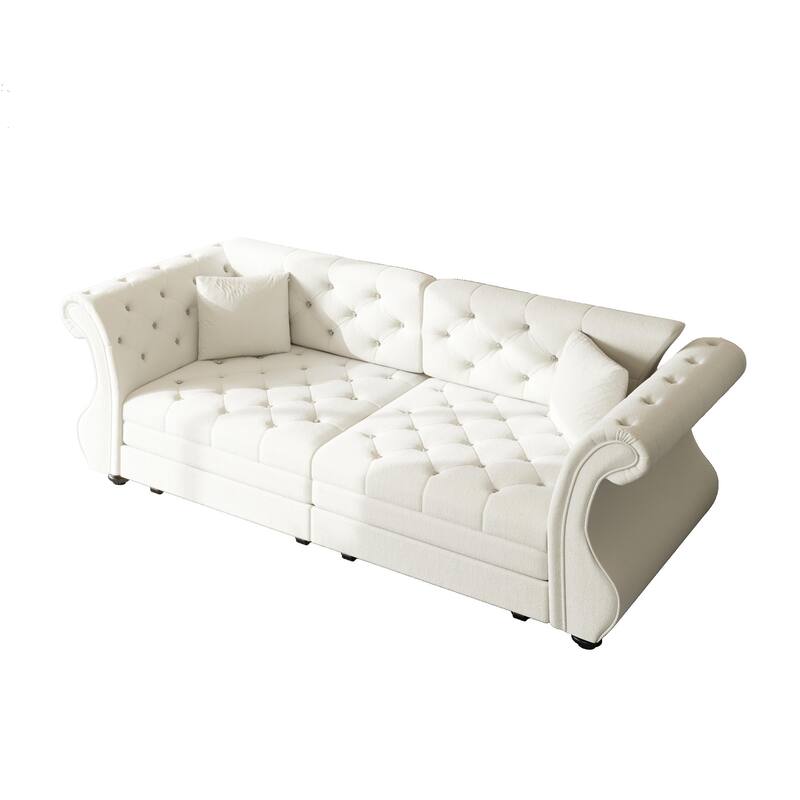 83.8" Chesterfield Velvet Pull-Out Sofa Bed, Classic Roll Arm Sleeper Couch with Elegant Flower Tufting
