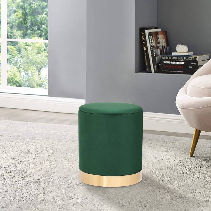 Adeco Round Ottoman Footstool Velvet Padded Vanity Stool Gold Trim