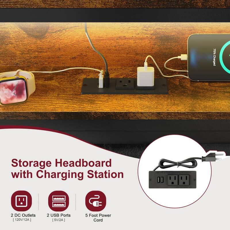 Antique Brown Platform Bed with Under-bed Storage, Metal Bed Frame with Adjustable Backrest, LED Headboard with Charging Station