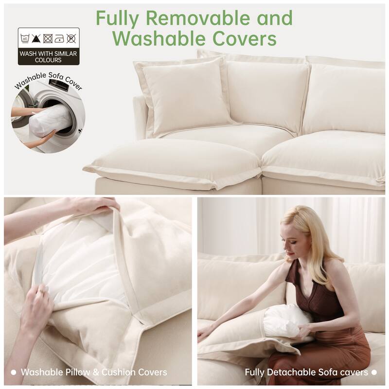 Slipcovered Chenille 2-Seater Sofa Couch with Convertible Ottoman & Soft Big Pillows